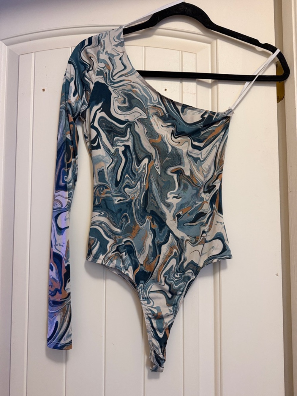 Emory Park Marble-Print One-Shoulder Bodysuit in Turquoise & Cream